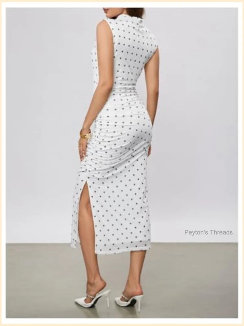 Polka Dots Sleeveless Ruched Bodycon Midi Dress Mock Neck Slit Thigh - Picture 2 of 5